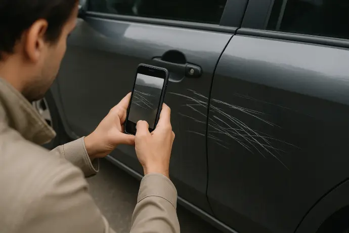 persona haciendo una foto a un desperfecto de su coche